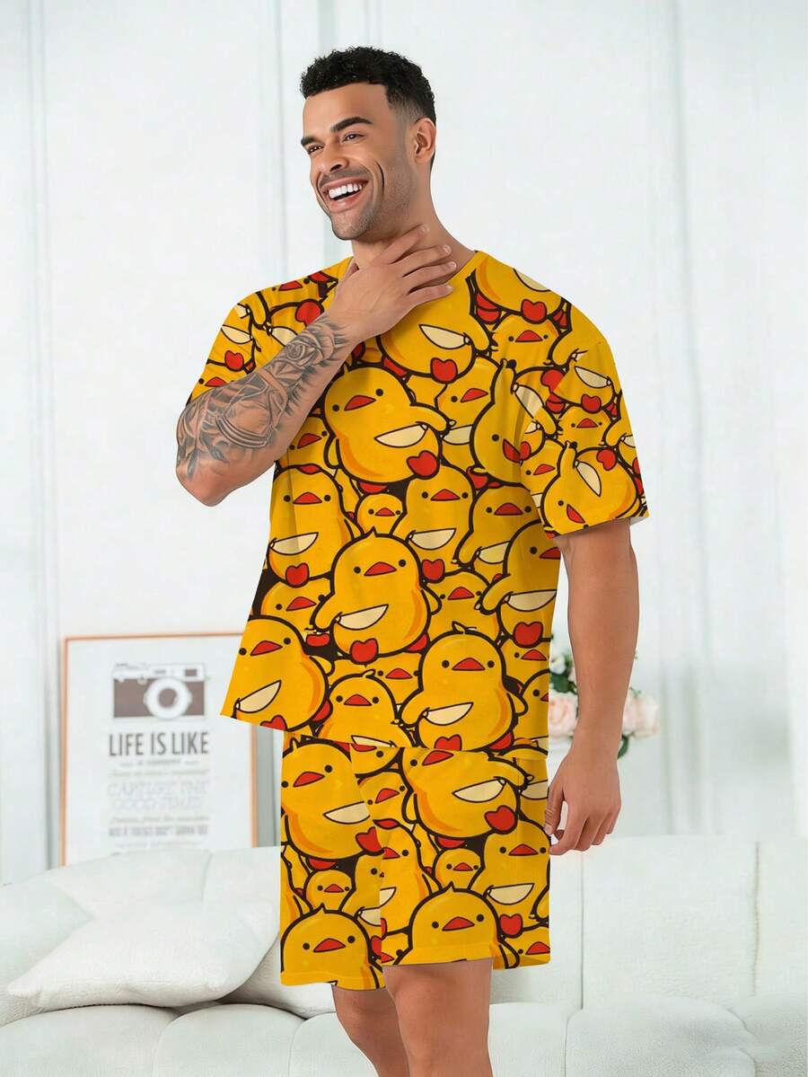 Plus Size Men's Pajama Set | Round Neck Short Sleeve Top And Elastic Waist Casual Shorts, 2 Piece Set | Polyester Knit Fabric, Soft And Breathable, Loose And Comfortable | Cute Little Duck Pattern Print, Casual Design - Yellow - View 1