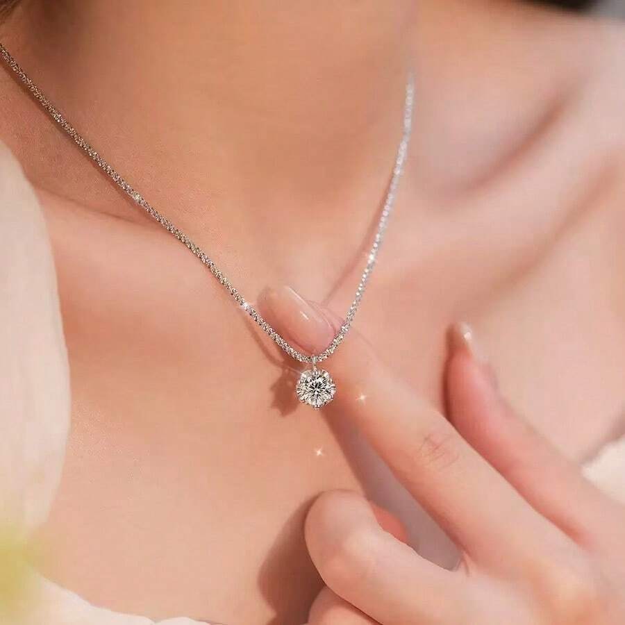 1pc Classic French Versatile Fashion Titanium Steel Non-Fading Starry Sky Necklace With Moissanite Diamond Pendant, Delicate Luxury High-End 2026 Birthday Gift - Multicolor - View 1