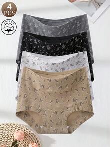 4条装女士平角高腰印花纯棉内裤，柔软舒适，日常穿着舒适。 - 彩色 - 查看 1