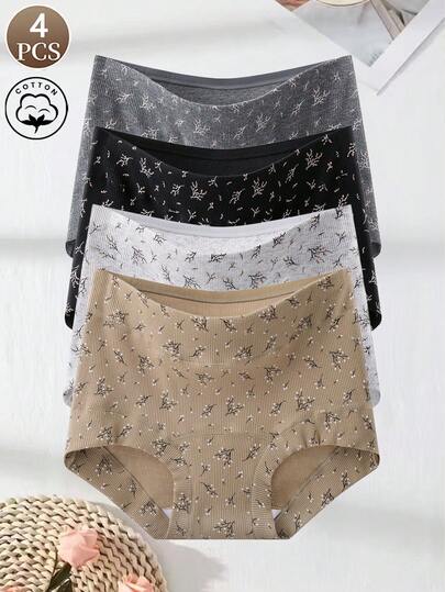 4PCS Women's Flat Angle Panties High Waist Printed Cotton Panties Soft And Comfortable Daily Life Underwear Briefs