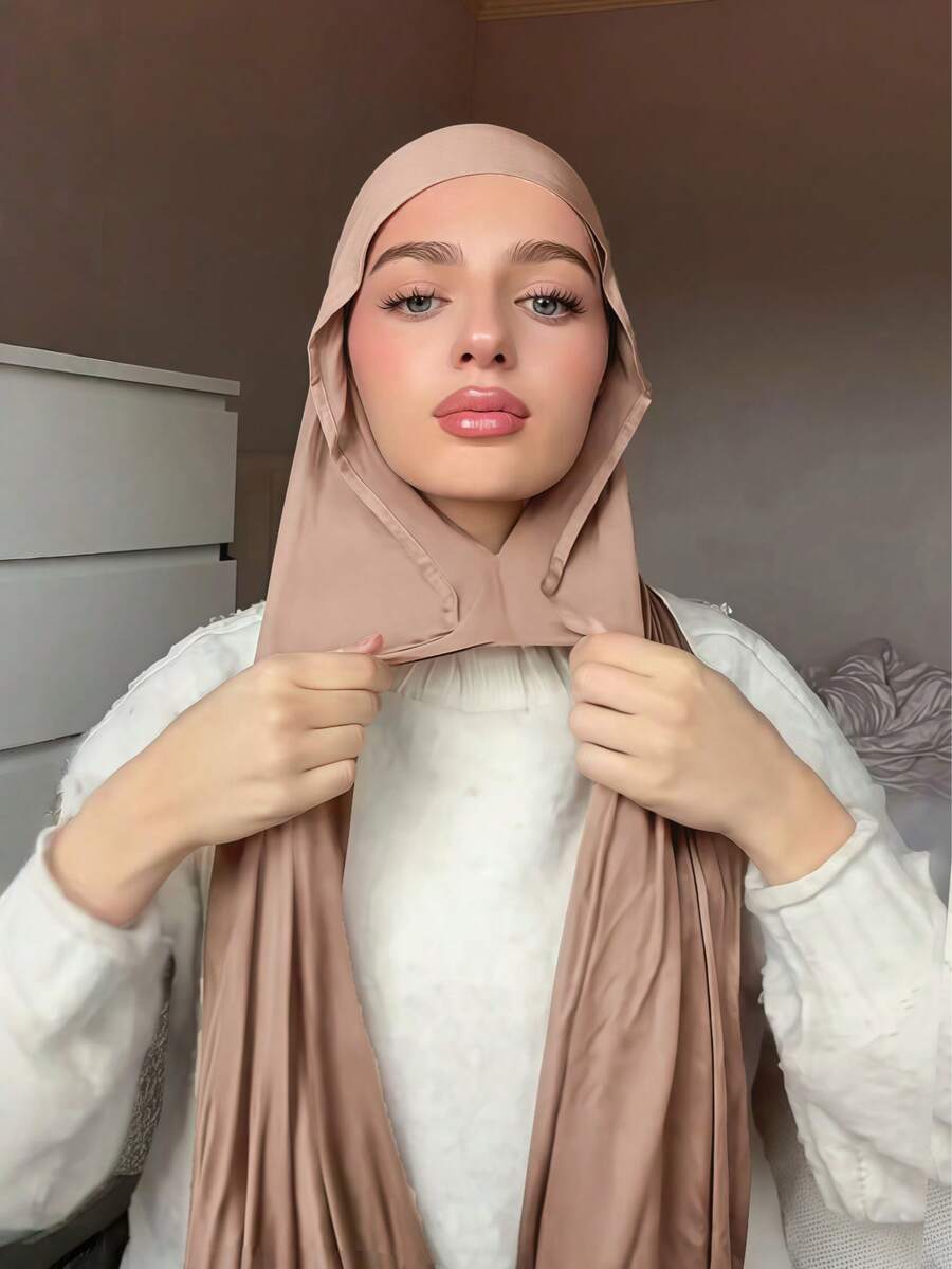 1 chiếc khăn trùm đầu Jersey may liền kèm mũ lót, chất liệu mềm mại, thoáng khí, thích hợp mặc hàng ngày, dự lễ hội, cầu nguyện, hành hương, có thể kết hợp với áo Abaya.