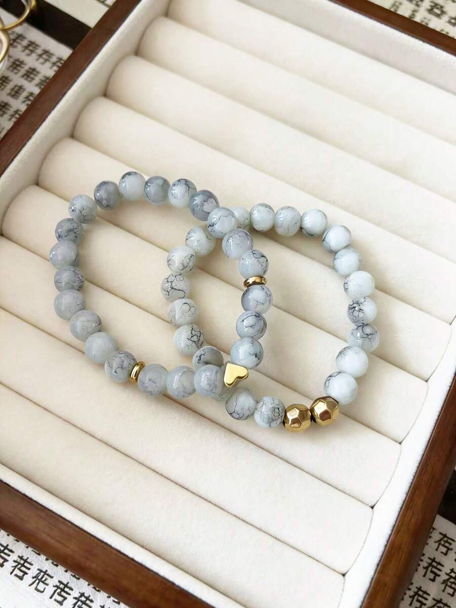 2 Pcs Gold Heart-Shaped Beaded Bracelet, Imitation Natural Stone Bead Bracelet, Couple's Bracelet, Friendship Bracelet, The Best Gift For Mom, Girlfriend, Or Friend. - Multicolor - View 1