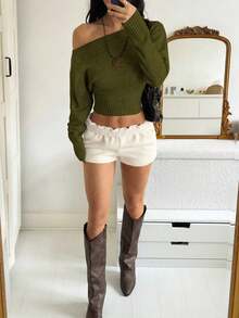 Sexy Off-Shoulder Off Shoulder Knit Sweater, Comfortable & Elegant, Suitable For Dating, Casual Gatherings, And Travel In Autumn/Winter - 軍綠色 - 查看 4