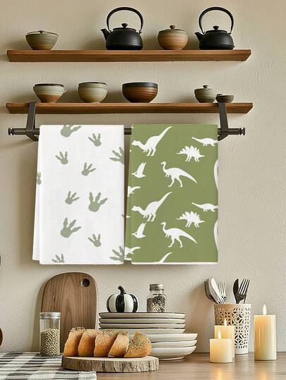 2条水彩狗火烈鸟农舍厨房毛巾，比格犬棕榈叶豚鼠恐龙农场装饰洗碗布节日派对用品手帕，适用于厨房、餐厅和餐桌