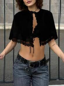 Y2k Cloak Shawl Top Women Tie Up Lace Pactwork Gothic Lolita Cloak Cape Wraps Top For Party - 黑色 - 查看 3