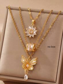 3件套简约铜锆石五瓣花、向日葵、方形锆石、蝴蝶吊坠项链套装，适合女性朋友聚会佩戴，母亲节礼物 - 彩色 - 查看 10