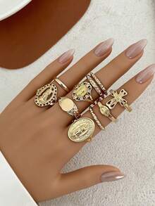 10pcs Exaggerated Rhinestone Crown & Cross Punk Fashion Finger Rings, Suitable For All Occasions, Great Gift Choice - 金色 - 查看 4