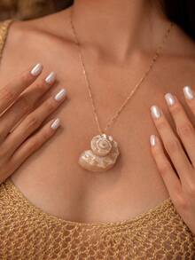 1件不锈钢链天然贝壳吊坠项链，简约优雅女士夏季海滩度假首饰，时尚独特配饰 - 彩色 - 查看 3