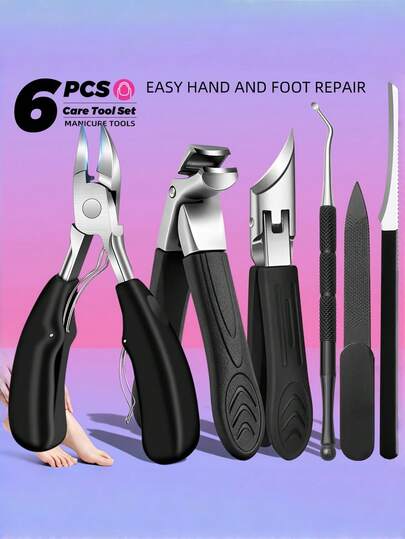 6 piezas Juego de herramientas profesionales de manicura y pedicura de alta resistencia - Juego de cuidado de uñas de acero inoxidable, incluye cortaúñas, empujador/tenedor de cutículas, removedor de callosidades, adecuado para hombres, mujeres, ancianos, regalo de Halloween, para limpieza de uñas de los pies y los pies