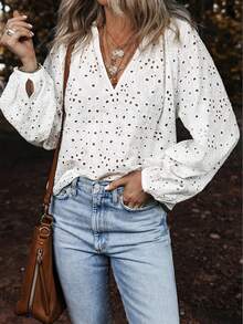 Solid Color Embroidered V-Neck Long Sleeve Shirt, Casual Wear Vacation Spring White - White - View 5