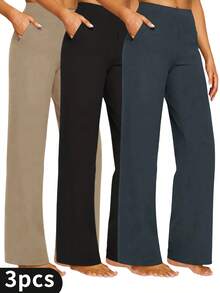 3-Pack Solid Elastic Waist Straight Leg Pants,Women's High Waist Leggings,Fitness Leggings Soft Yoga Pants,Women's Leggings,Casual Slim Straight Leg Trousers, Elegant For Commuting - 3 CÁI - Xem 1
