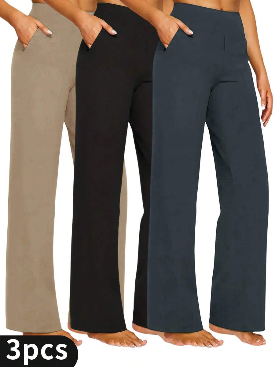 3-Pack Solid Elastic Waist Straight Leg Pants,Women's High Waist Leggings,Fitness Leggings Soft Yoga Pants,Women's Leggings,Casual Slim Straight Leg Trousers, Elegant For Commuting - 3 CÁI - Xem 1