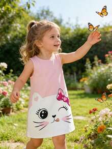 女童可爱卡通猫咪蝴蝶结印花无袖休闲连衣裙，情人节 - 粉色 - 查看 4