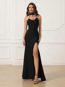 Love Aing Ladies' Black Evening Dress, Elegant And Luxurious, Formal Dinner Dress, High Slit, Hand-Embellished Acrylic Diamonds, Sexy Party Outfit, Cocktail Party, Wedding Guest, Gathering, Festival, Date Dress, Long Dress. - Black - View 2