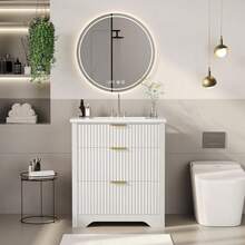 Gabinete de baño ranurado de 24 pulgadas con lavabo vanidad independiente estilo granja 2 cajones más 1 cajón desplegable montaje sencillo y limpieza fácil ideal para organizar tus artículos de baño con elegancia - Blanco - Ver 5