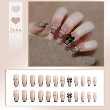 24pcs Medium Square French Tip Nail Stickers, White Color With Rhinestone Bow Decor, Luxury Full Coverage, Suitable For Women & Girls Nails, Charm Dates, Office, Home Parties Nail Supplies - 彩色 - 查看 5
