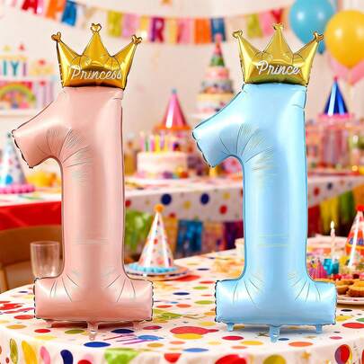1个40英寸蓝粉色数字1皇冠铝箔气球，适合一周岁生日派对装饰