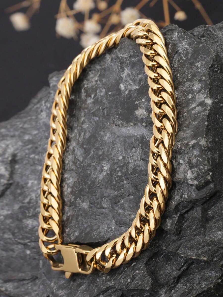 1pc Thick Cuban Link Bracelet, Stainless Steel Minimalist Geometric Bracelet/Earrings, Versatile Elegant Luxury Vibe, Suitable For Daily Wear, Party, Gift For Friends, Material, Timeless Classic Element, High-Quality Minimalist Style For Daily Wear - Bracelet - View 1