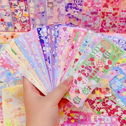 80pcs/Pack Holographic Stickers, Cute Cartoon Pattern Creative Design Stickers, Suitable For Simple Items, Diaries, Gifts, Scrapbooking DIY Decoration (Random Colors)