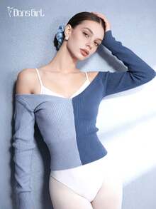 DonsGirl 1 Buah Atasan Rajut Lengan Panjang Balletcore Wanita dengan Blok Warna, Sweater Dua Warna Tanpa Bahu, Pullover Pemanasan untuk Latihan Tari & Pakaian Kasual Sehari-hari - Dusty Blue - View 8