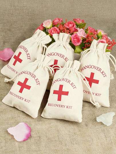 10pcs Canvas Hangover Gift Bags, Party Candy Drawstring Bags, Suitable For Wedding, Birthday Party, Halloween, Hangover Survival Kit Guests, Gift Packaging Bags, Traveler Home Storage Bags, Christmas Holiday Gifts