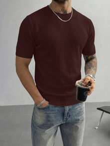 Men's Minimalist Solid Color Lightweight Slim Fit Short Sleeve Knit Polo Shirt, Business Casual Summer Undershirt - Brown - View 4