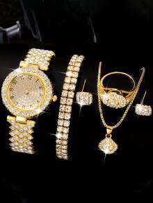 6pcs Set Elegant Crystal Wrist Watch, Stainless Steel Fashion Minimalist Luxury Full Crystal Quartz Watch - Gold - View 1