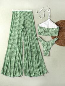 2026春夏新款女士复古绿色格子性感比基尼泳衣套装，沙滩度假两件套泳装 - 綠色 - 查看 3