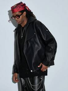 Modcrash Men's Jacket, Streetwear Casual Punk, Leather, Loose Relaxed Fit, Motorcycle, Autumn Winter, Unisex Fall/Autumn/Winter - Black - View 5
