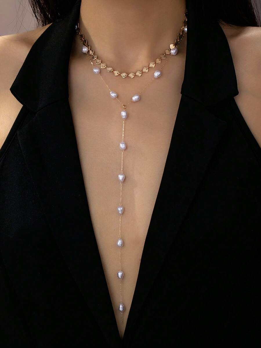 Bộ 2 dây chuyền hình chữ Y mạ vàng, hai sợi đính ngọc trai vỏ sò, phù hợp với trang phục hiện đại và cổ điển vượt thời gian (số lượng ngọc trai ngẫu nhiên). - Nhiều màu - Xem 1