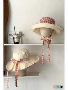 Vintage Check Pattern Applique Contrast Color Drawstring Wide Brim Bucket Hat, Boho Vacay Spring/Summer Sun Protection Hat, Bright Monochromatic Looks Tie Strap UV Protection Travel Hat, Back To School - Plaid Tie-up Fisherman's Hat - View 12