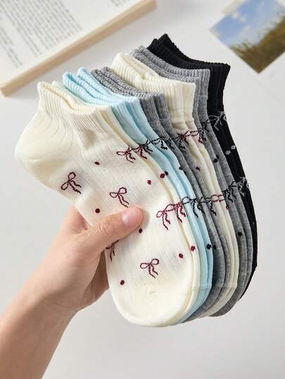 5 Pairs Women's Short Socks, Bow Design Ankle Socks, Suitable For All Seasons, Random Colors