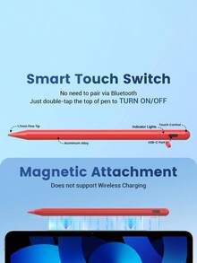 Stylus Pen 90Wh Battery-Powered Stylus Pen With Handwriting Recognition, Tilt Sensitivity And Palm Rejection, Compatible With 10.2", 10.9", Air 4/5/6/M4, A16 11th 2025, Air 11 And 13" (M3/M2), Pro 11"/12.9" , Color: Red Magnetic Adsorption Spring Gift - 紅色 - 查看 5