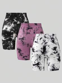 3pcs/Set Celana Pendek Yoga Olahraga Ketat Gradien Pinggang Sedang Modis untuk Anak Perempuan - MultiWarna - View 2
