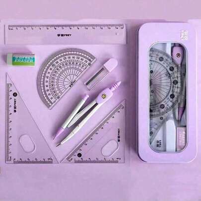 3pcs/Set Random Color Compass, Ruler, Protractor And Multi-Function Ruler Set, Suitable For High School And Elementary School Students, Back To School