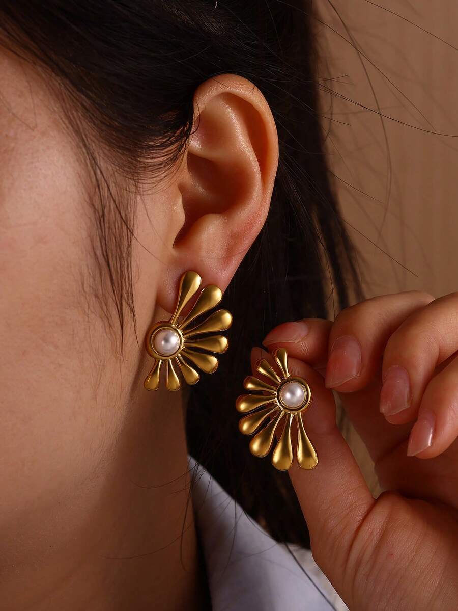 1 pereche cercei vintage cu perle false pentru femei, culoare aurie, oțel inoxidabil, cercei festonați, bijuterii pentru petrecere de ziua mamei, cadouri de Ziua Mamei - Aur - Vizualizare 1