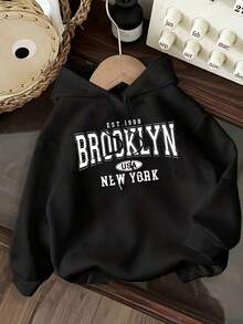 Women's Hooded Sweatshirt Minimalist New York Brooklyn Print Hoodie Women's Loose Thick Sweatshirt Suitable Autumn And Winter Comfy & Cozy - Black - View 7