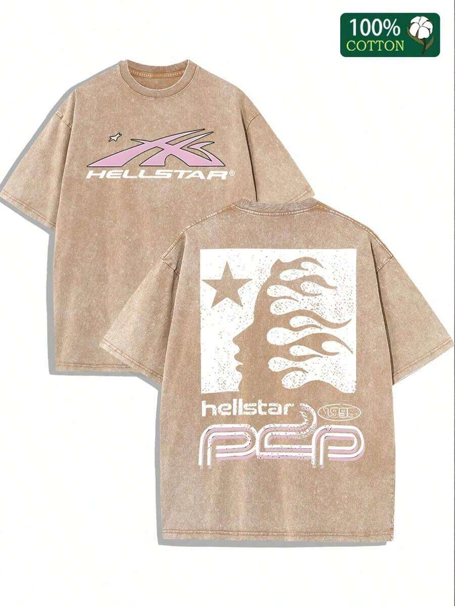 Men's "Hell Star" Washed T-Shirt - Extra Large Flame Star Pattern Street Style - Khaki - View 1