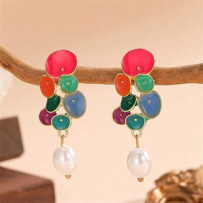 1 Pair Contrast Color Glazed Flower Earrings, Exaggerated Contrast Color Calla Lily Flower Earrings, Dopamine Flower Earrings, Enamel Colorful Flower Earrings, Retro Fashion Earrings, Suitable For Women To Wear To Parties