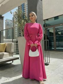 Fashionable Bell Sleeve Tie Front Long Sleeve Satin Dress - Hot Pink - View 3