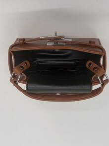 时尚女士手提包，带锁扣，新款高端小方包，单肩斜挎两用女士手提包，钱包，荔枝纹PU皮革纯色材质，黄棕色单肩包，荔枝纹顶部提手，金属旋扣，女士单提手，百搭时尚 - 棕色 - 查看 7