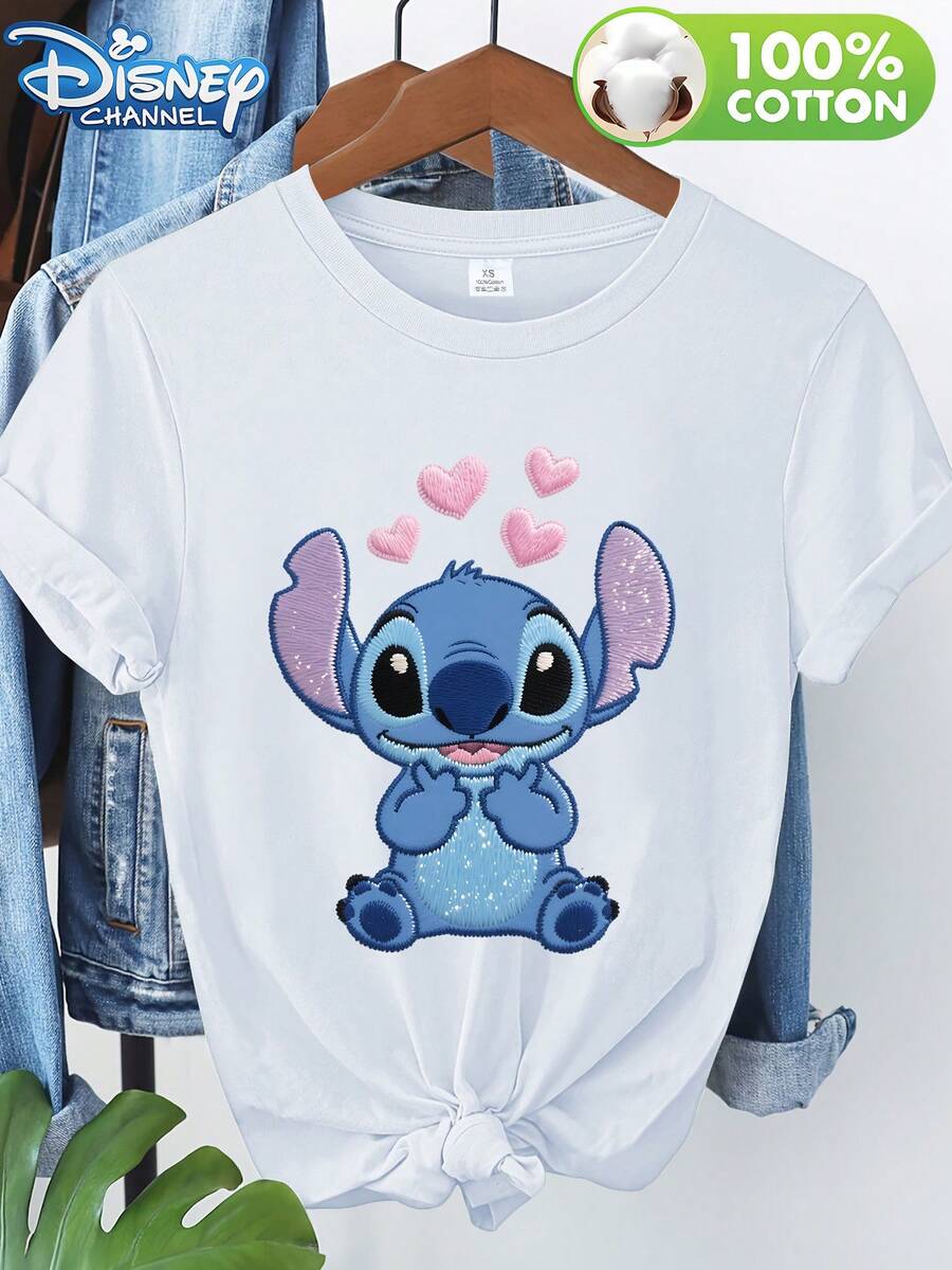 Disney Lilo & Stitch Co-Branded Embroidered Stitch Chin-Resting Design, Sweet And Cute Heart Print Women's Round Neck T-Shirt, Suitable For Spring, Summer And Autumn Wear, Both As Outerwear And Layering. New Versatile Casual Soft And Comfortable T-Shirt - CanadaMade From Soft, Comfortable, And Durable Pure Cotton, This Is An Ideal Choice For Spring And Summer. This Crew Neck T-Shirt Is Suitable For Various Occasions, Including Everyday Wear, Shopping, Parties, Travel, And Gatherings, And Also Makes A Thoughtful Gift. - White - View 1