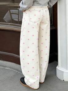 Women's 2026 Polka Dot Barrel Jeans Curved Sword Pants Boyfriend Y2K Casual Wide Leg Mid Rise Denim Pants - 粉色 - 查看 2