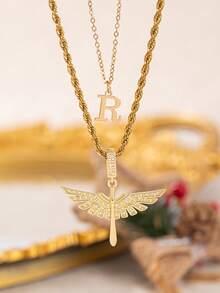 2pcs/Set New Fashion Cross Wing Pendant & 26 Letter Pendant Necklace, Stainless Steel Chain Suitable For Women's Daily, Party, Vacation Wear - Yellow Gold - View 8
