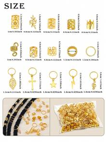 275pcs Symbolic Hair Rings With Lightning Bolt, Music Note, Cross & Leaf Designs - Adjustable Alloy Hair Cuffs, Boho Hair Jewelry For Men & Women's Dreadlocks & Braids - Gold - View 6