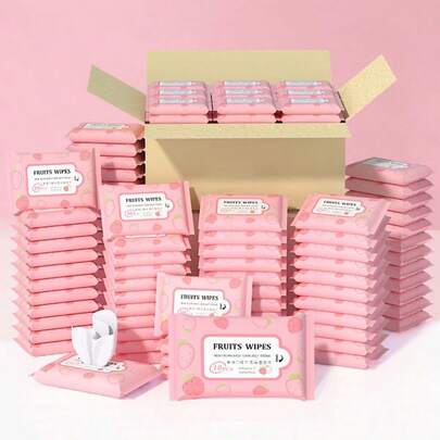 50 pièces/100 pièces Lingettes humides mini portables en non-tissé à motif fraise (10 pièces/sac), Mini pack portable d'essence de vitamine C sans parfum, Lingettes jetables de nettoyage, Mini petit paquet de lingettes humides, Ne contient pas d'alcool, Utilisé pour le nettoyage d'articles quotidiens lors des sorties, Essentiel pour les voyages et les déplacements professionnels