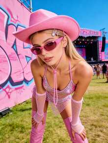 Women Men Cowboy Hat Classic Roll Up Brim Fedora Cowgirl Hat Western Cowboy Hat Stage Performance Hat - 粉紅色-Fedora Cowgirl Hat - 查看 3