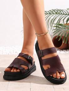 女士夏季新款厚底坡跟舒适户外休闲凉拖鞋，露趾设计，时尚百搭黑色皮革罗马凉鞋 - 酒紅色 - 查看 5