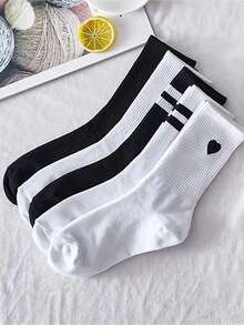 5 Pairs Striped & Heart Print Sports Over-The-Knee Socks, Autumn - Multicolor - View 2