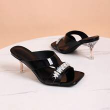 方头水晶高跟凉鞋，细高跟穆勒鞋，适合派对和夏季穿着 - 黑色 - 查看 3